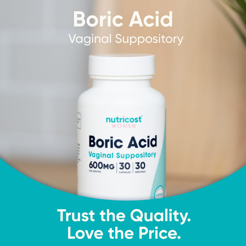 Nutricost boric acid 600mg label detail for clear ingredient information.