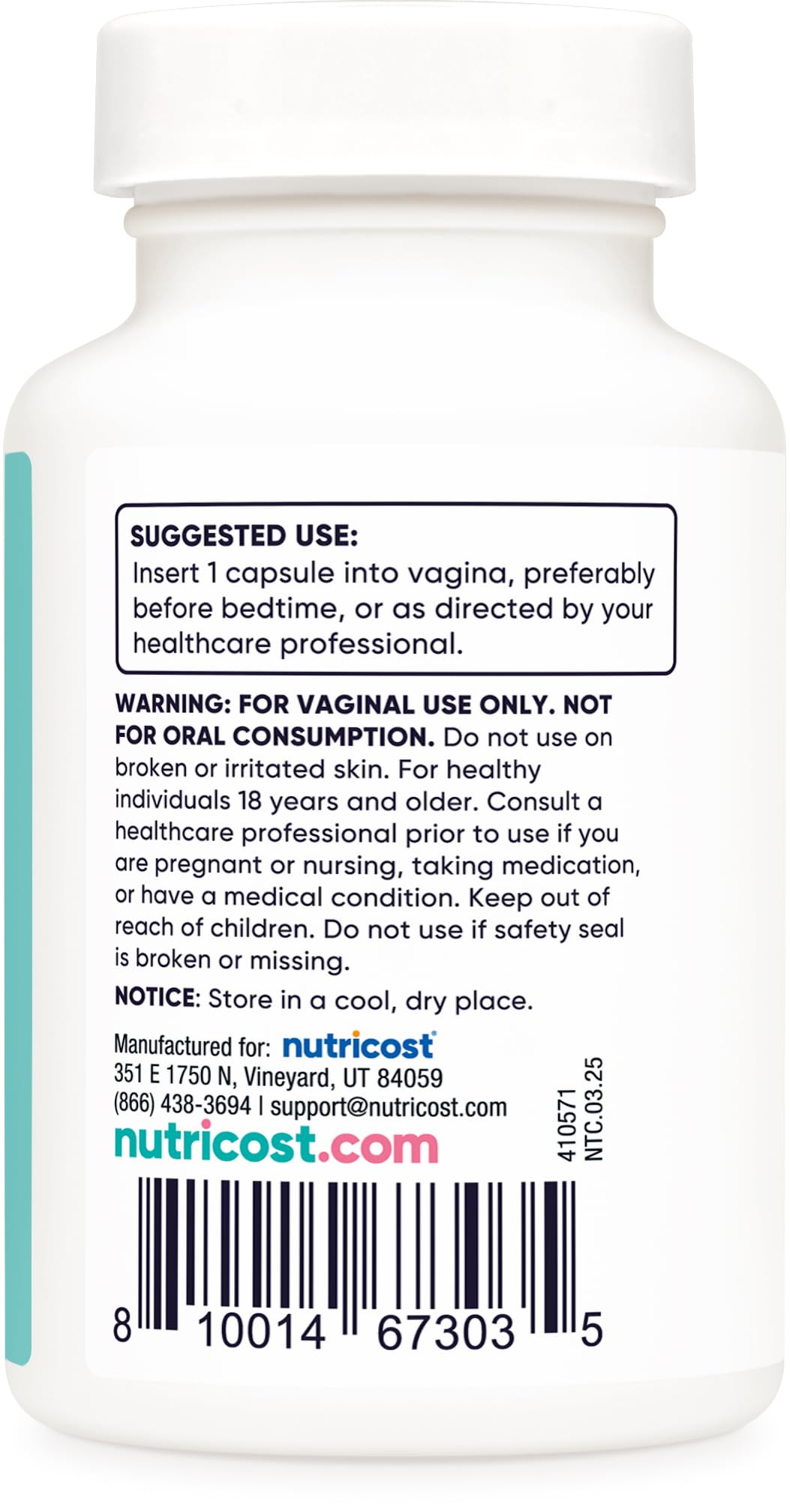 Nutricost Boric Acid 600mg capsules showing non-GMO ingredients for care.