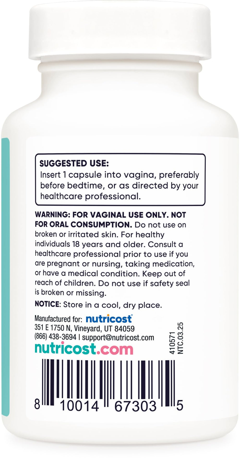 Nutricost Boric Acid 600mg capsules showing non-GMO ingredients for care.