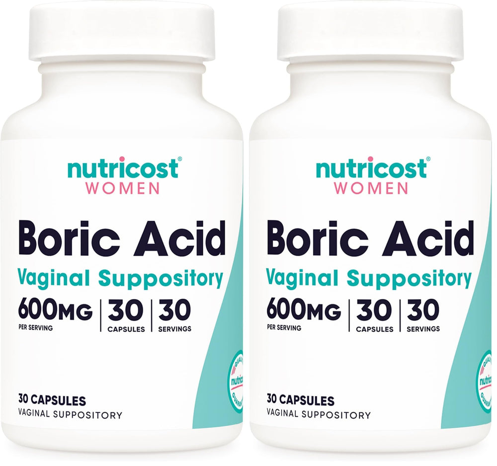 Nutricost Boric Acid 600mg vaginal suppository pack2 image for routine use.