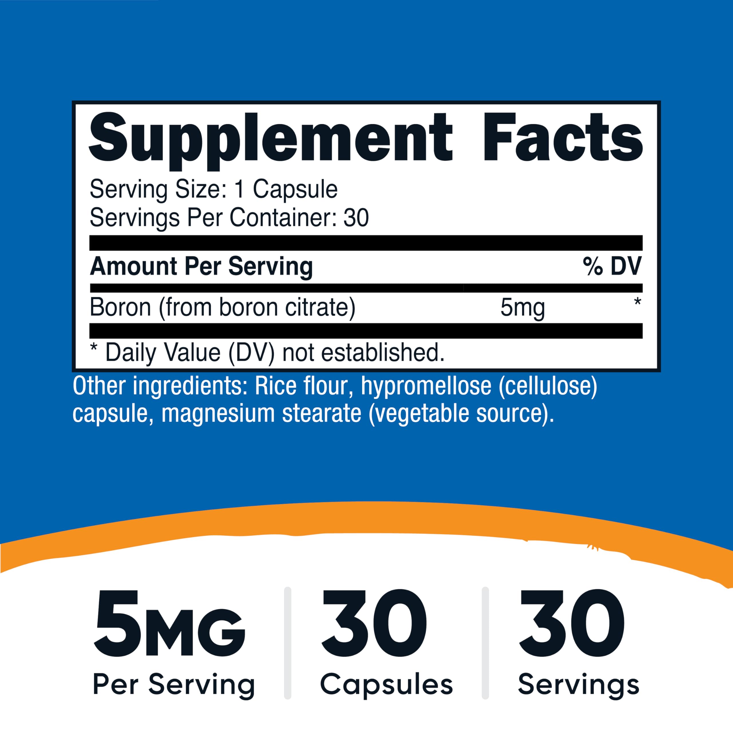 Nutricost Boron 5mg capsules label closeup showing dosage clarity