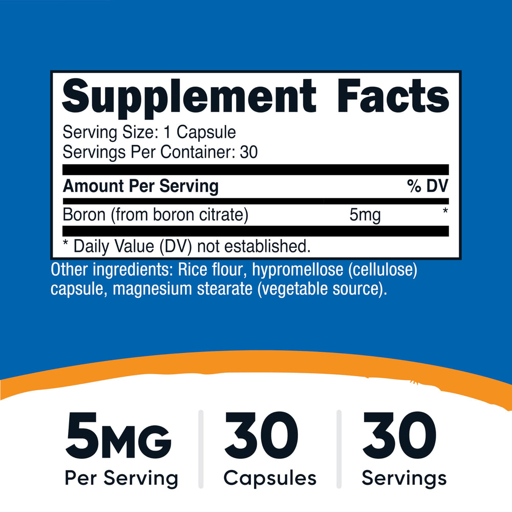 Nutricost Boron 5mg capsules label closeup showing dosage clarity