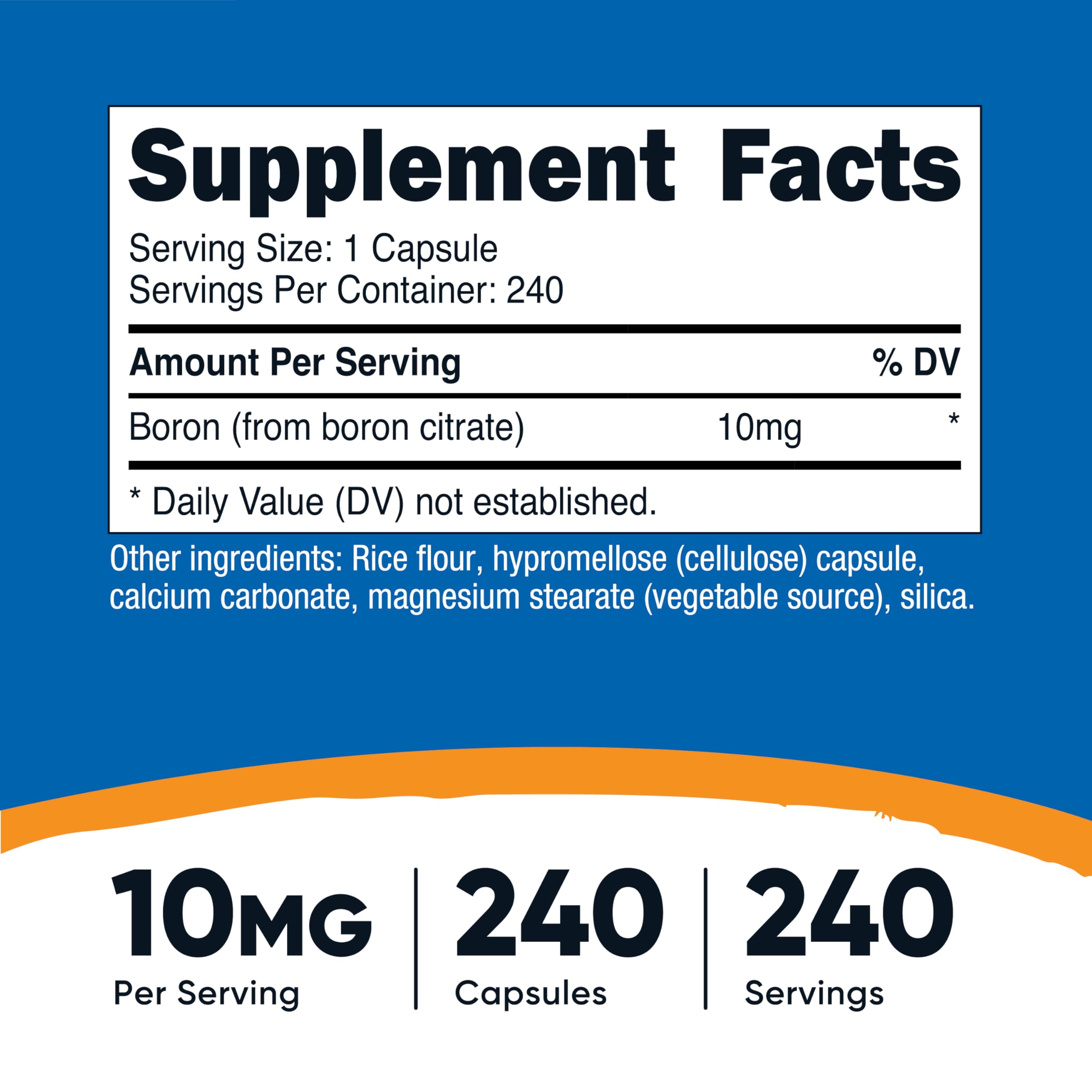 Nutricost Boron Capsules label highlights purity and gluten-free ingredients.