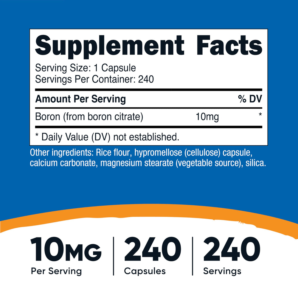 Nutricost Boron Capsules label highlights purity and gluten-free ingredients.