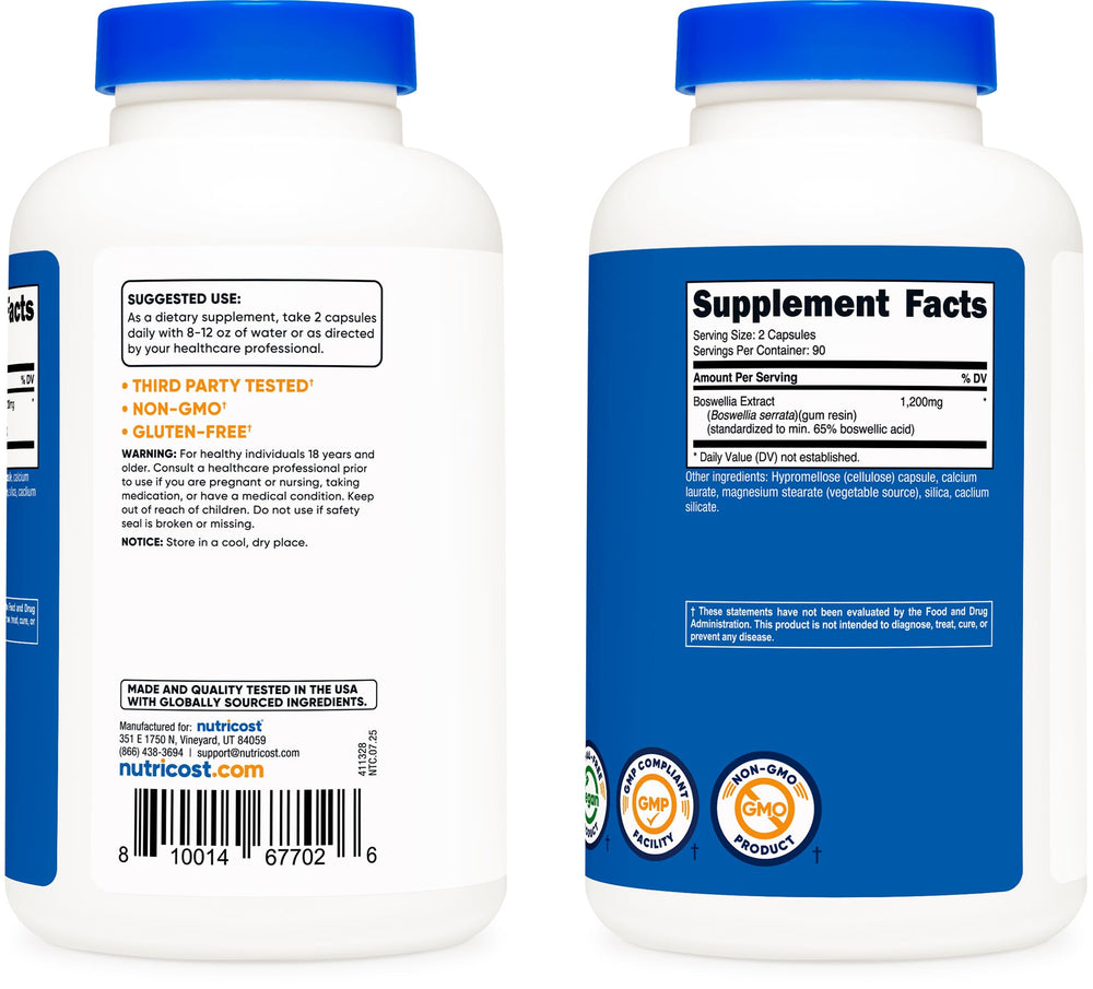 Pouring Nutricost Boswellia capsules from bottle, third-party tested quality.