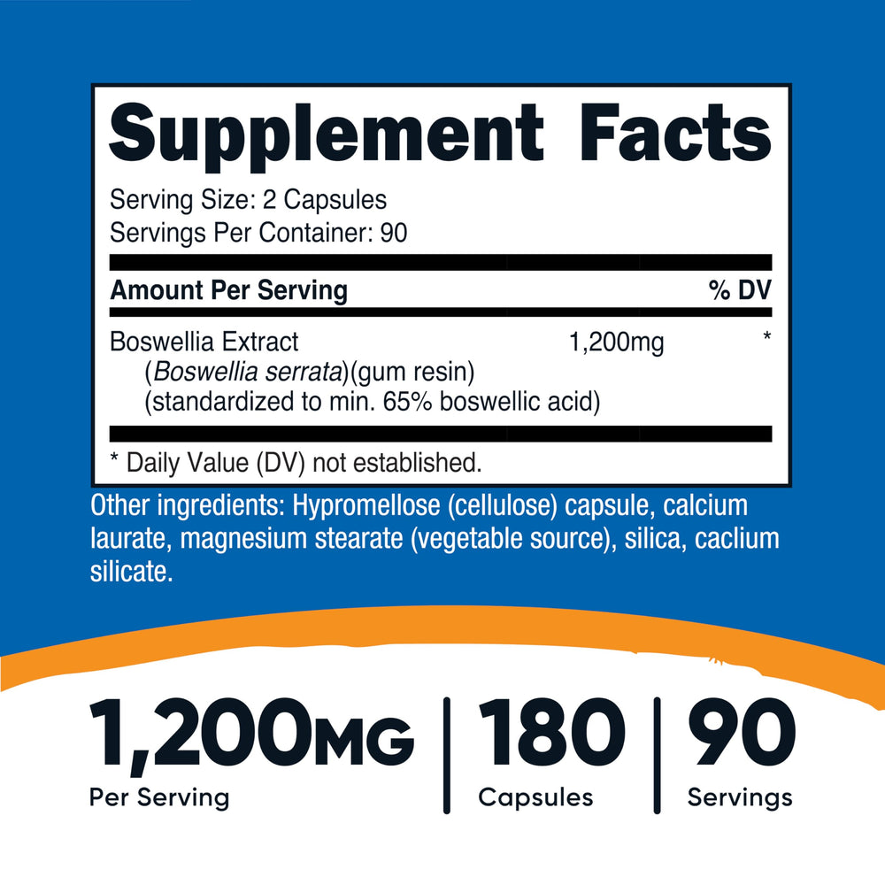 Close-up of Nutricost Boswellia capsules, convenient two-capsule serving.