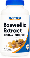 Nutricost Boswellia capsules on a bottle, supports daily wellness routine.