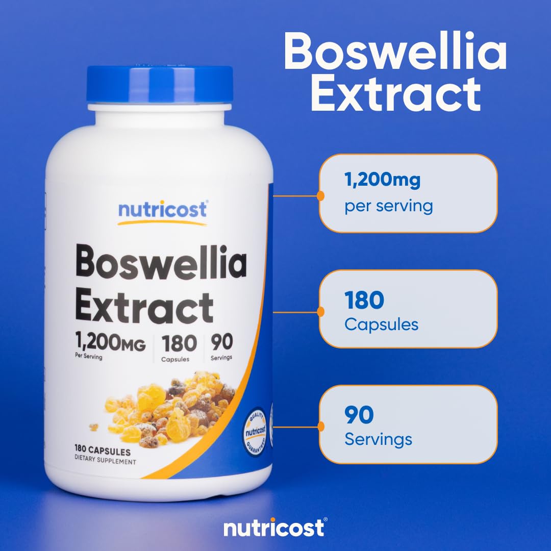 Vegan and non-GMO certification icons on Nutricost Boswellia box.