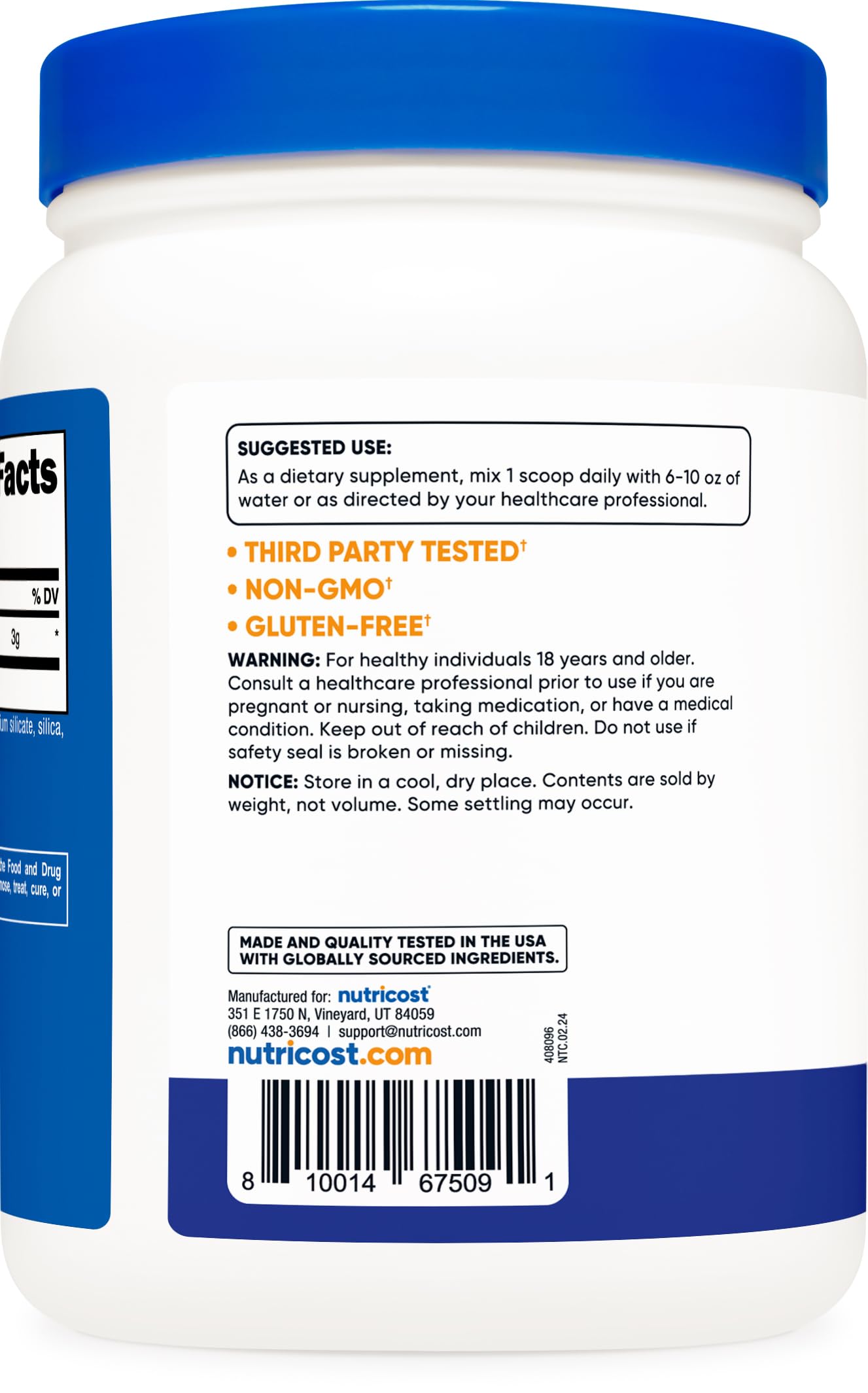 Nutricost bottle with measurement scoop showing 3-gram serving size