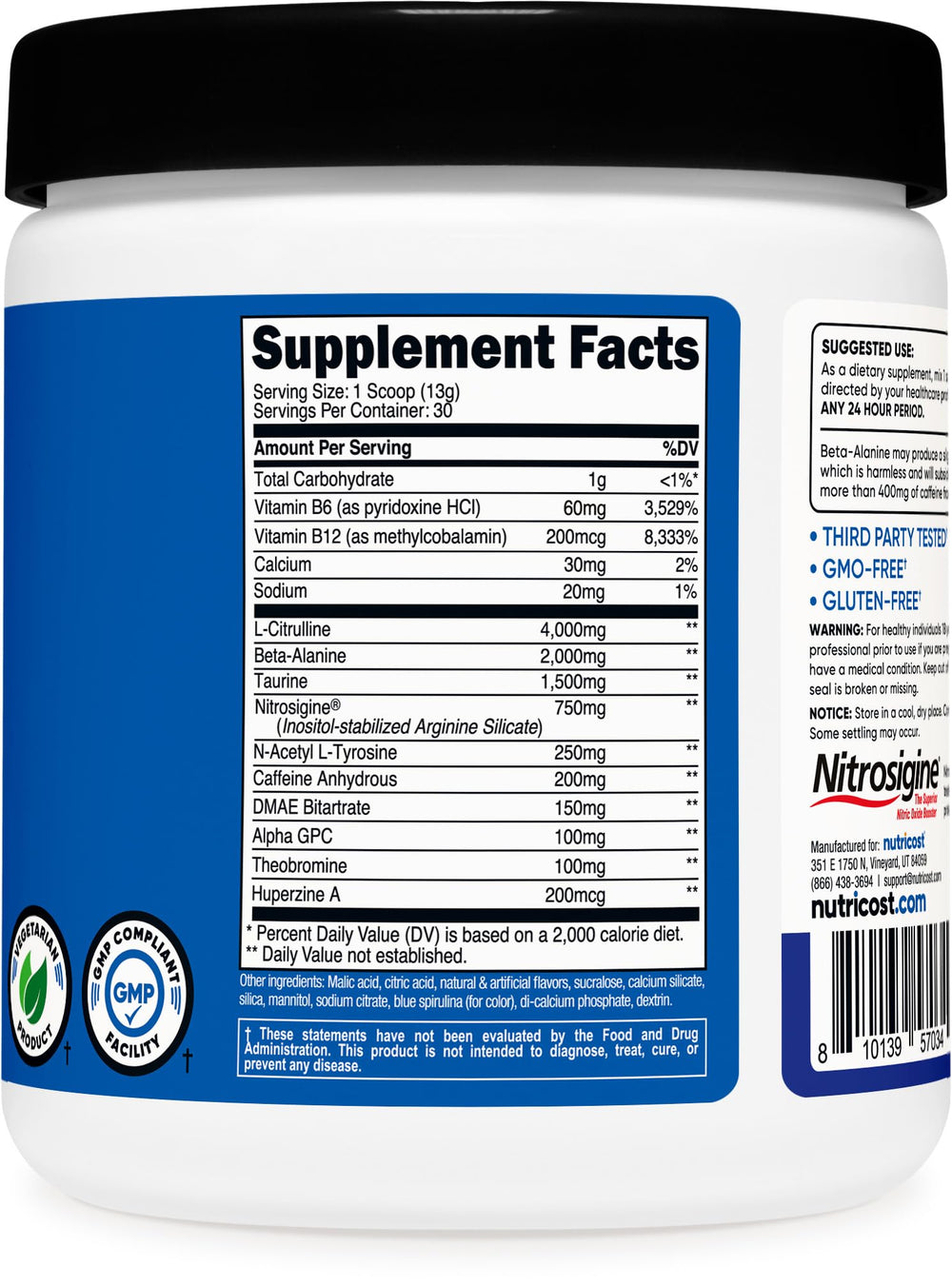 Nutricost logo with blue raspberry flavor text for product recognition.