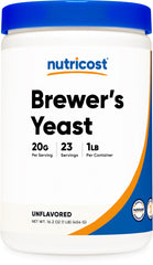 Nutricost Brewers Yeast Powder bottle on kitchen shelf showing convenient protein source.