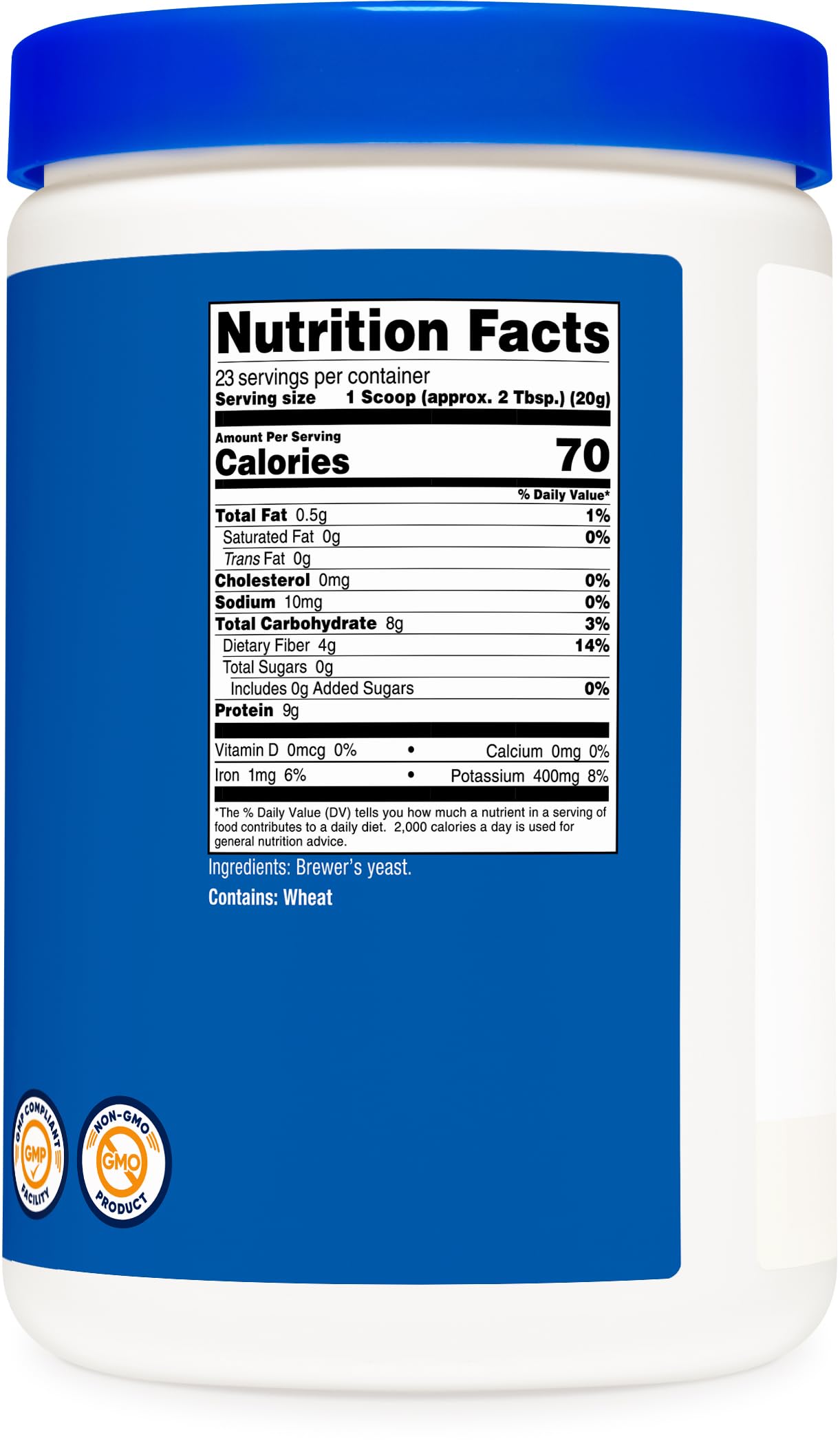 Nutricost Brewers Yeast Powder nutrition facts highlight protein and minerals.