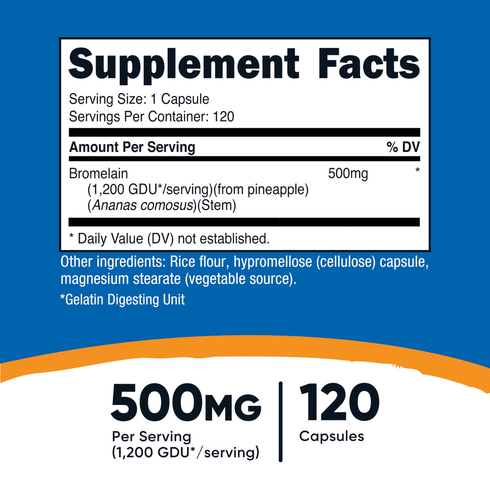 Nutricost Bromelain 500mg back label shows dosage and certifications.