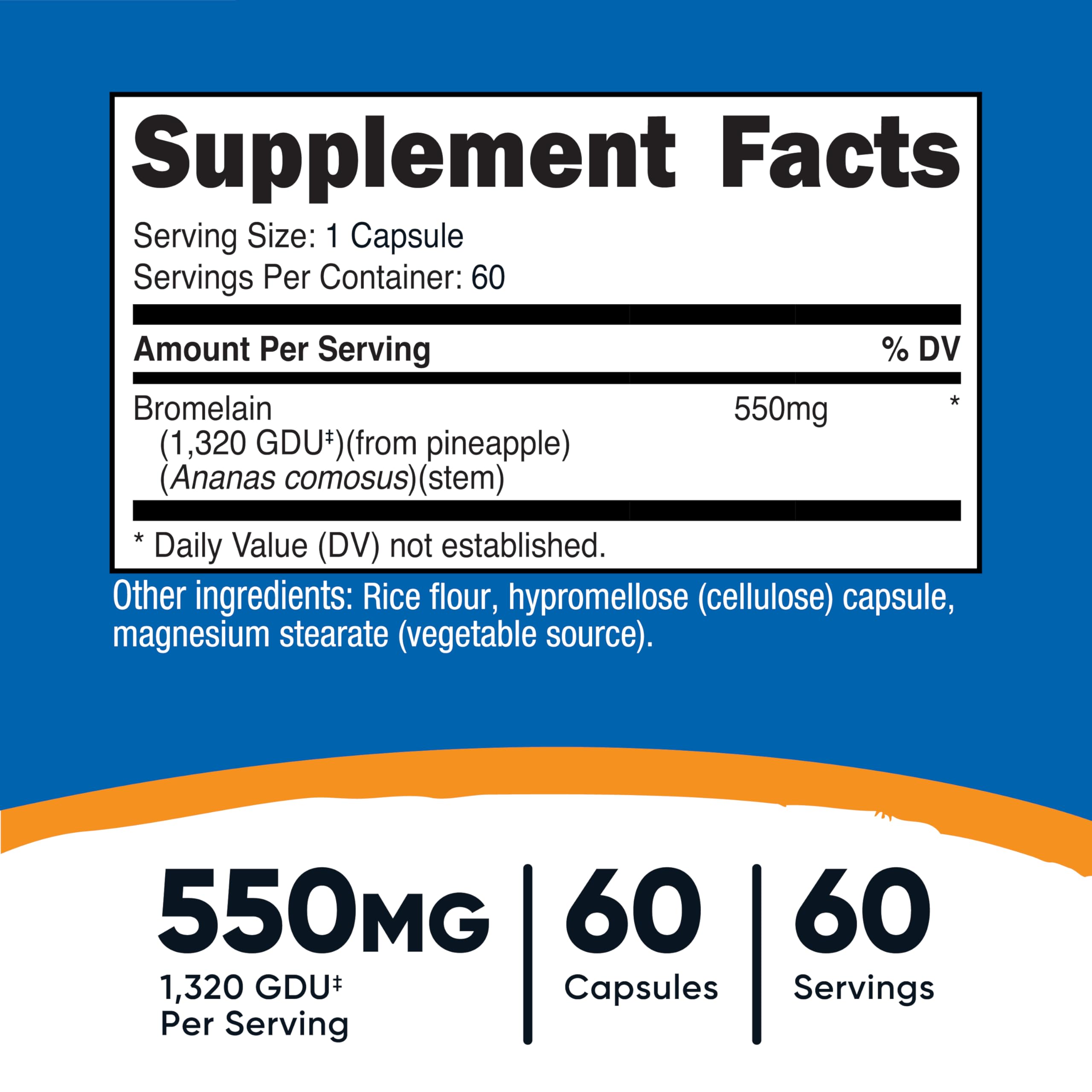 Nutricost Bromelain 550 mg per serving label highlights potent pineapple-based enzyme
