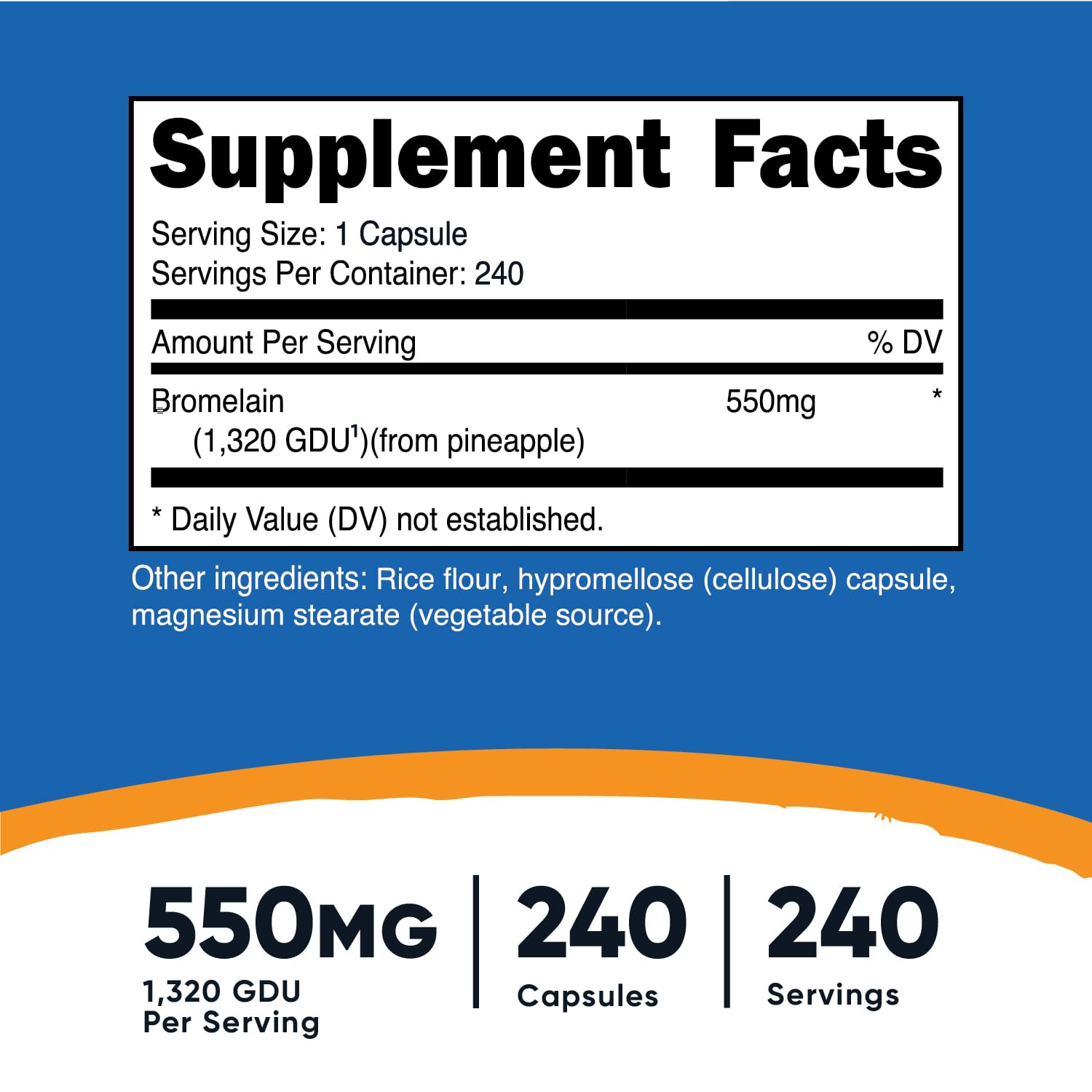 Nutricost Bromelain bottle side, 550 mg per serving emphasis.