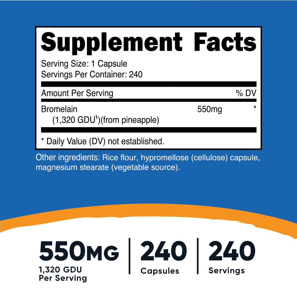 Nutricost Bromelain bottle side, 550 mg per serving emphasis.