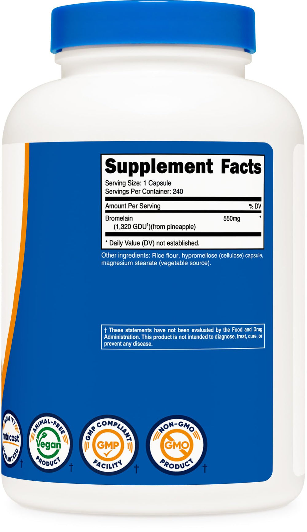 Nutricost Bromelain ingredients panel highlighting quality testing.