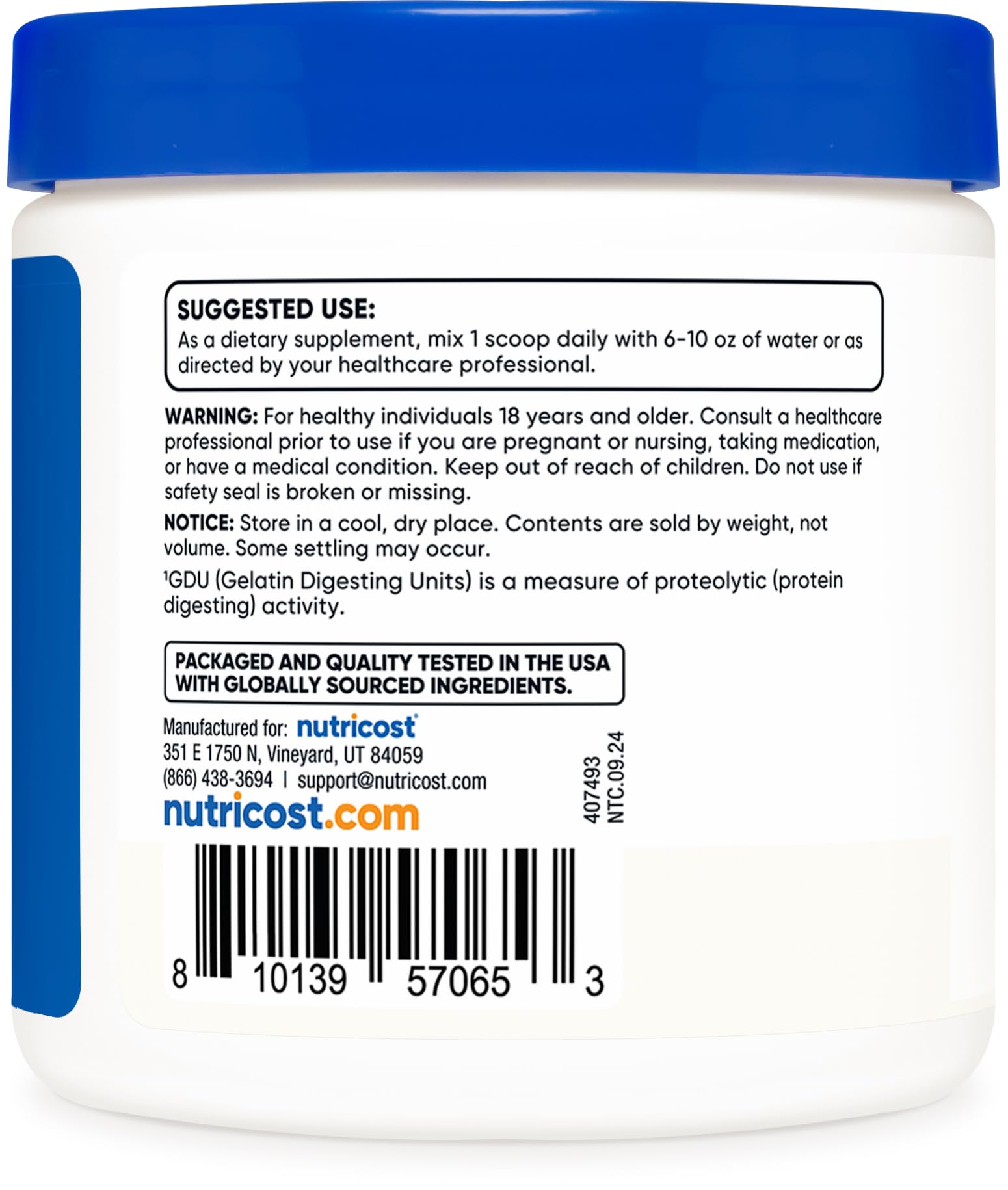 Label closeup of Nutricost Bromelain Powder highlighting manufacturing and testing standards.