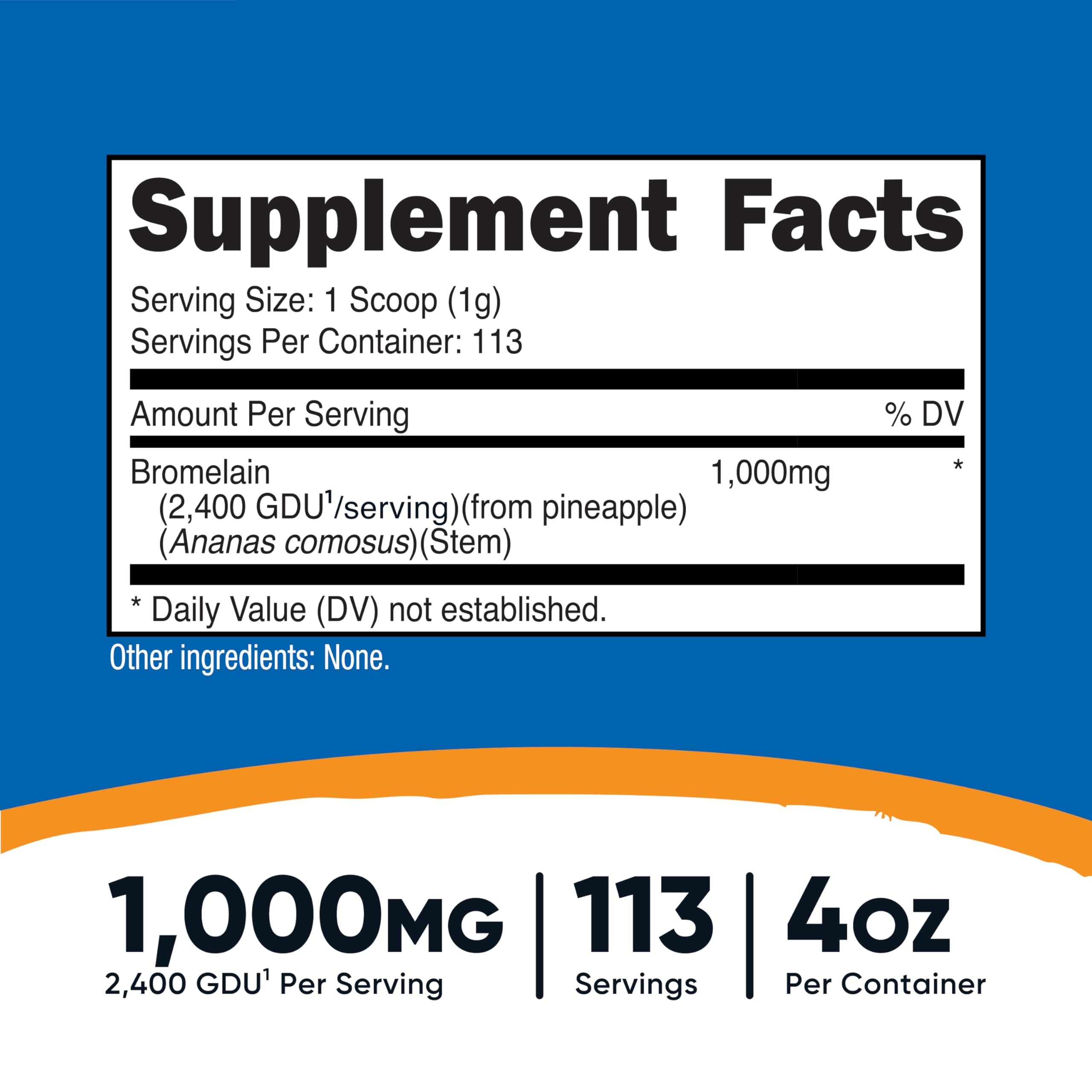 Closeup of Nutricost Bromelain Powder tin with clear label and quality assurances.
