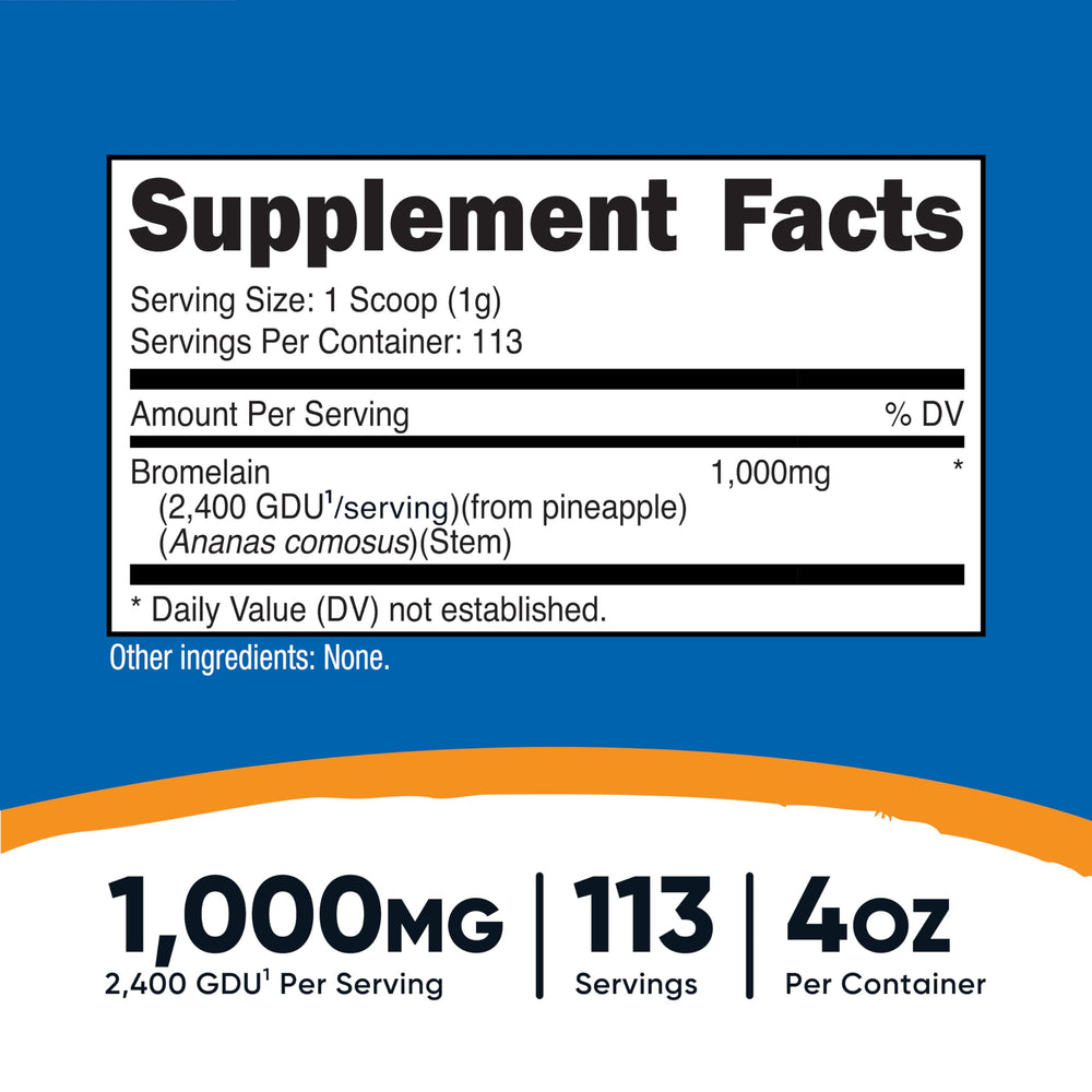 Closeup of Nutricost Bromelain Powder tin with clear label and quality assurances.