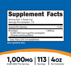 Closeup of Nutricost Bromelain Powder tin with clear label and quality assurances.