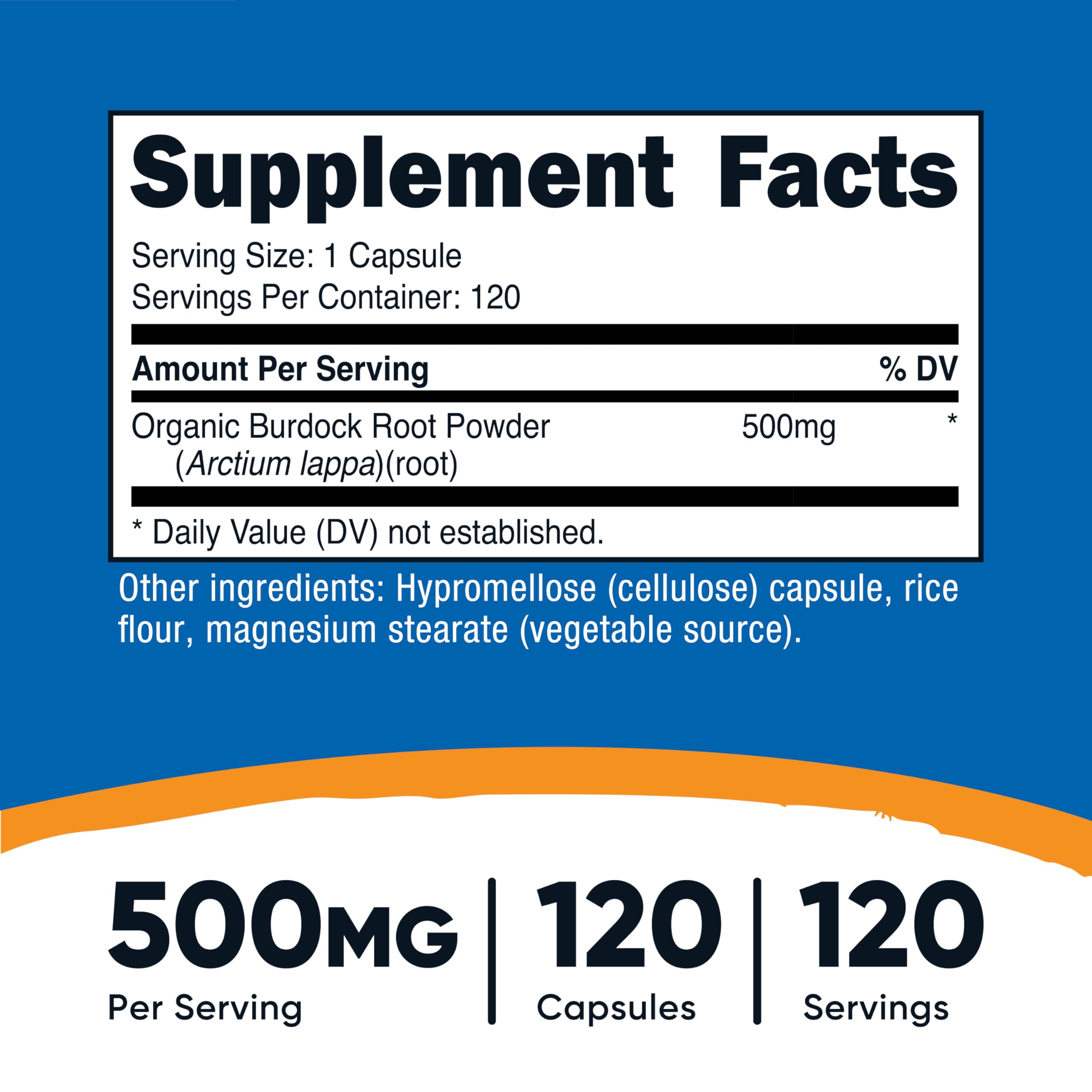 Close-up of Nutricost burdock root capsules for convenient daily supplementation.
