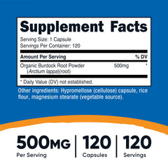 Close-up of Nutricost burdock root capsules for convenient daily supplementation.