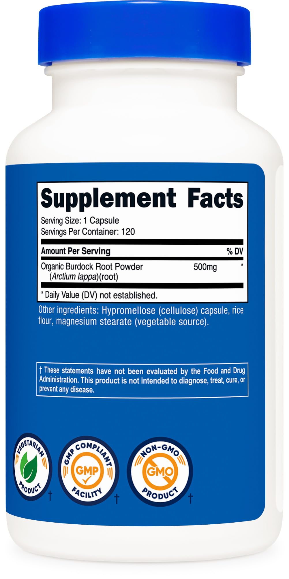 Nutricost burdock root bottle with scoop, showcasing 120 plant-based capsules.