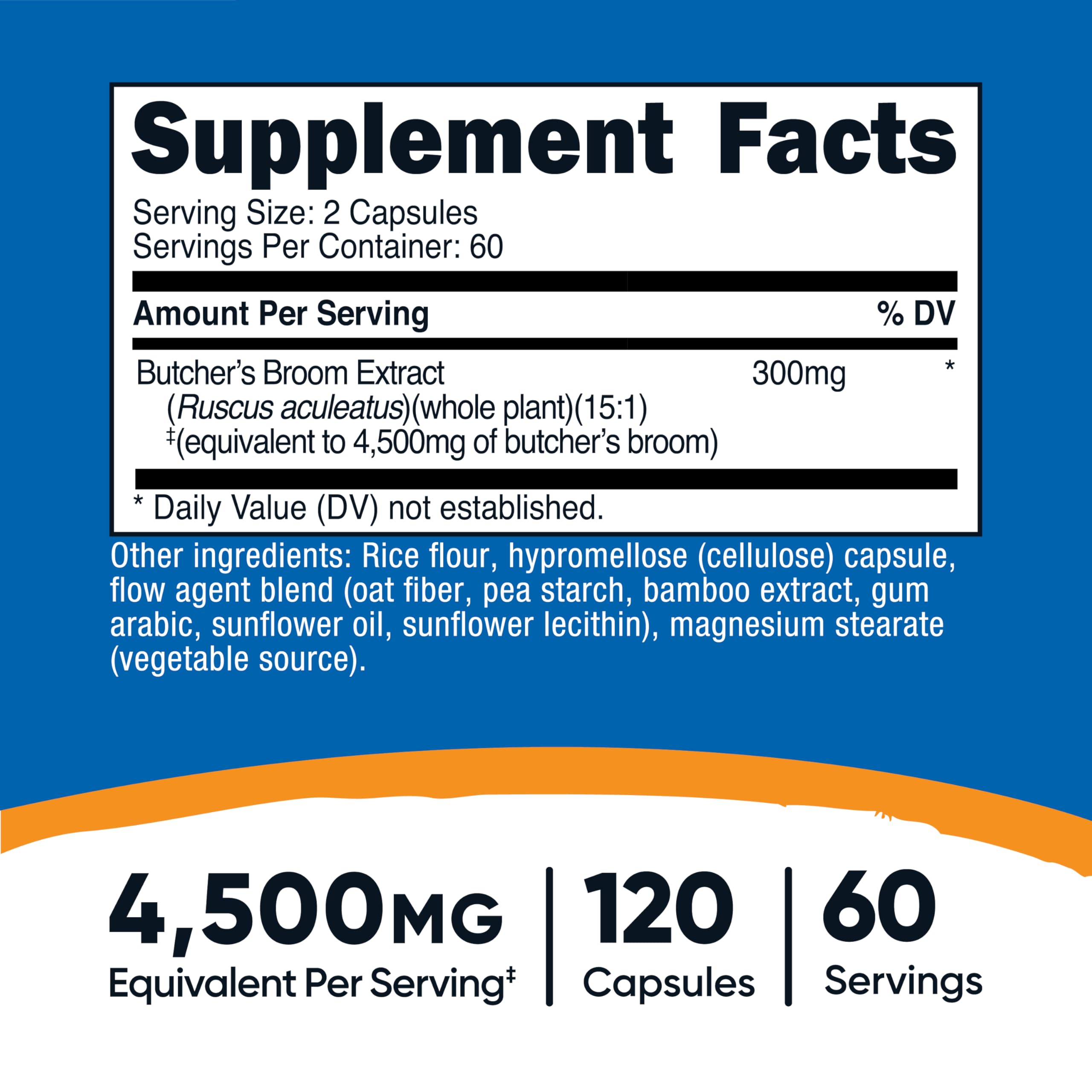 Nutricost butcher's broom extract capsules ready for daily use.