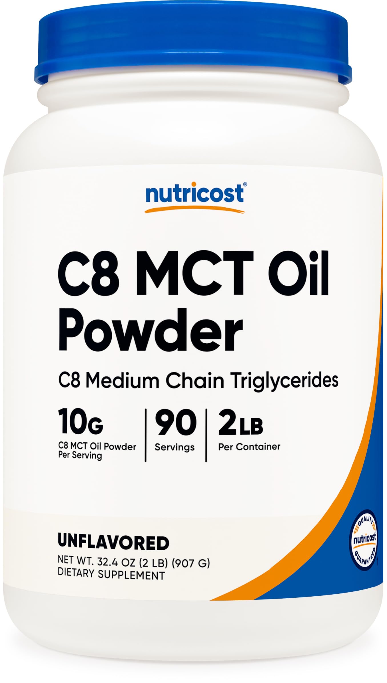 Nutricost C8 MCT Oil Powder bottle showcases high C8 content for clean energy support.