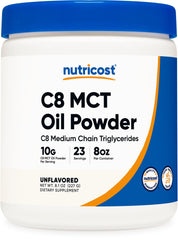 Nutricost C8 MCT Oil Powder bottle highlighting high C8 content for keto-friendly use.