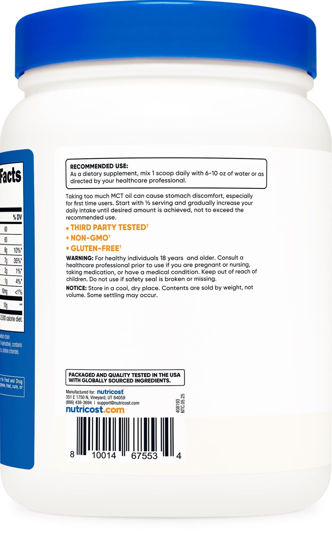 Nutricost C8 MCT powder nutrition panel highlights 95% C8 content.