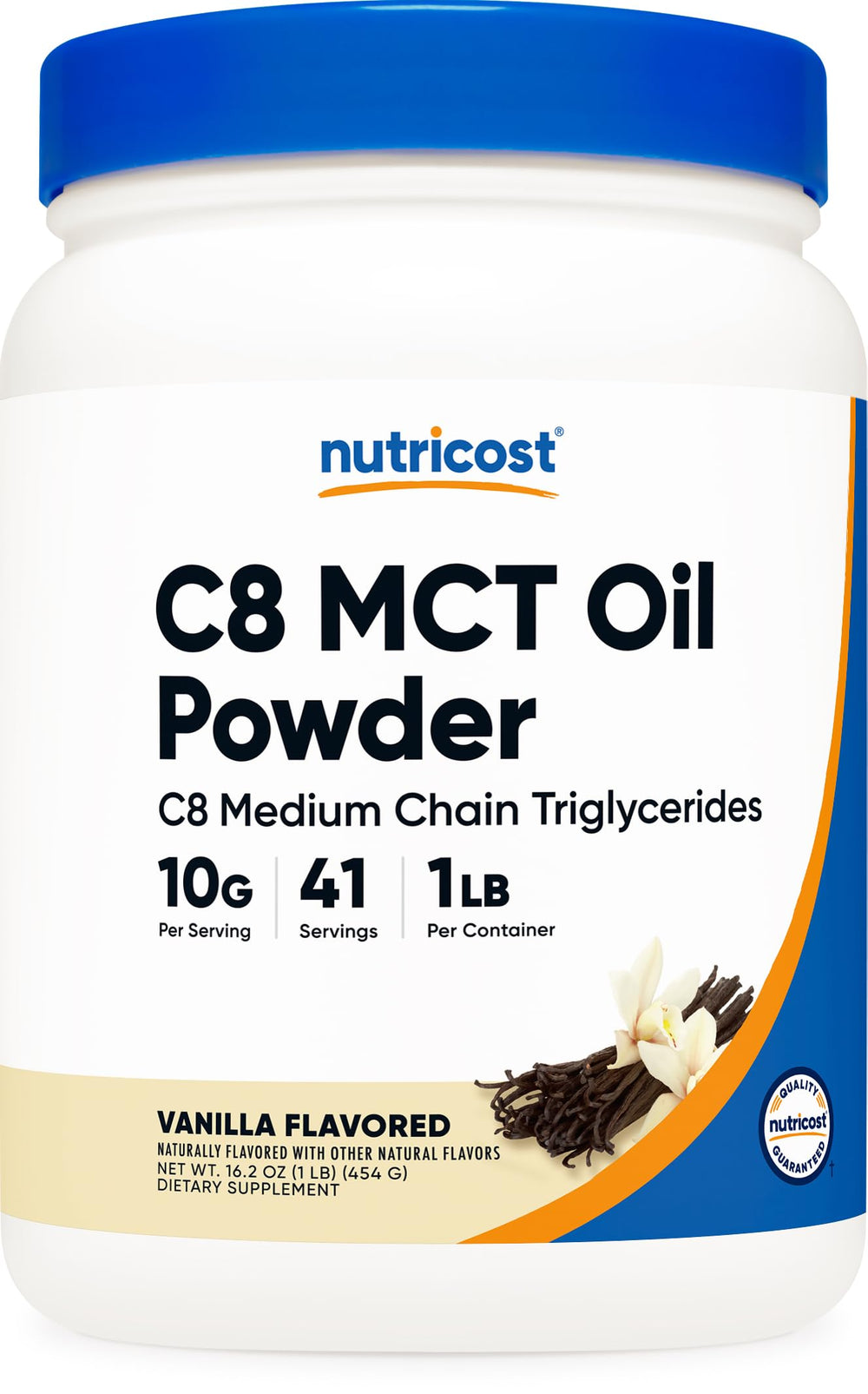 Nutricost C8 MCT Oil Powder vanilla bottle for keto-friendly shakes.
