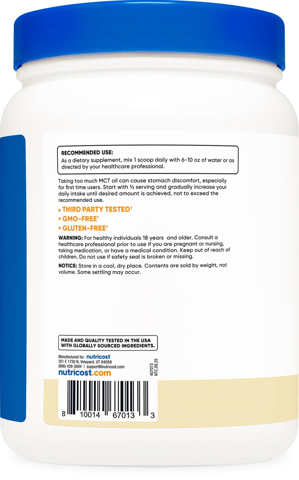 Nutricost C8 MCT Powder label close-up showing 95% C8 content.