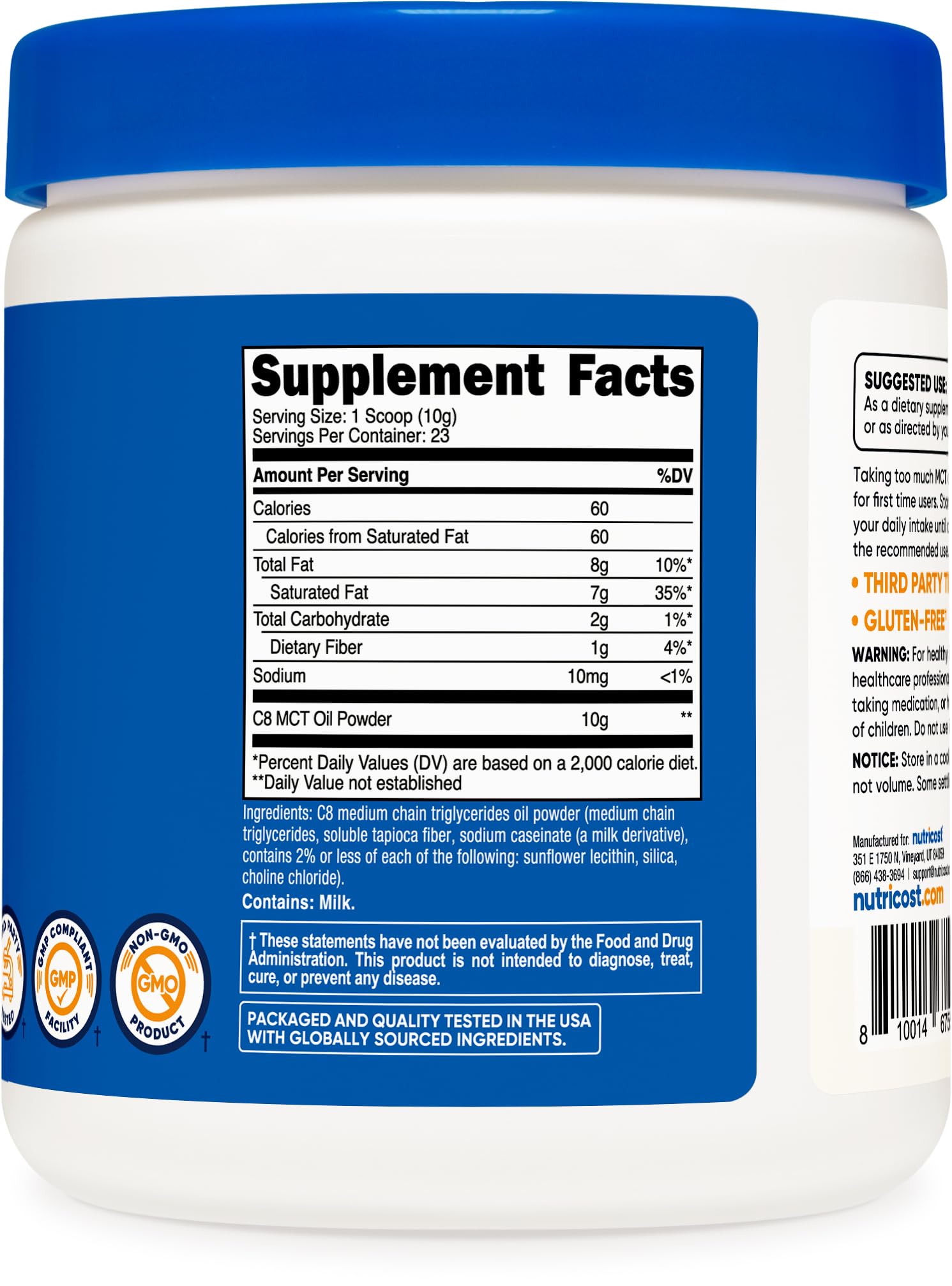 Nutricost C8 MCT Powder label front with 95% C8 content.
