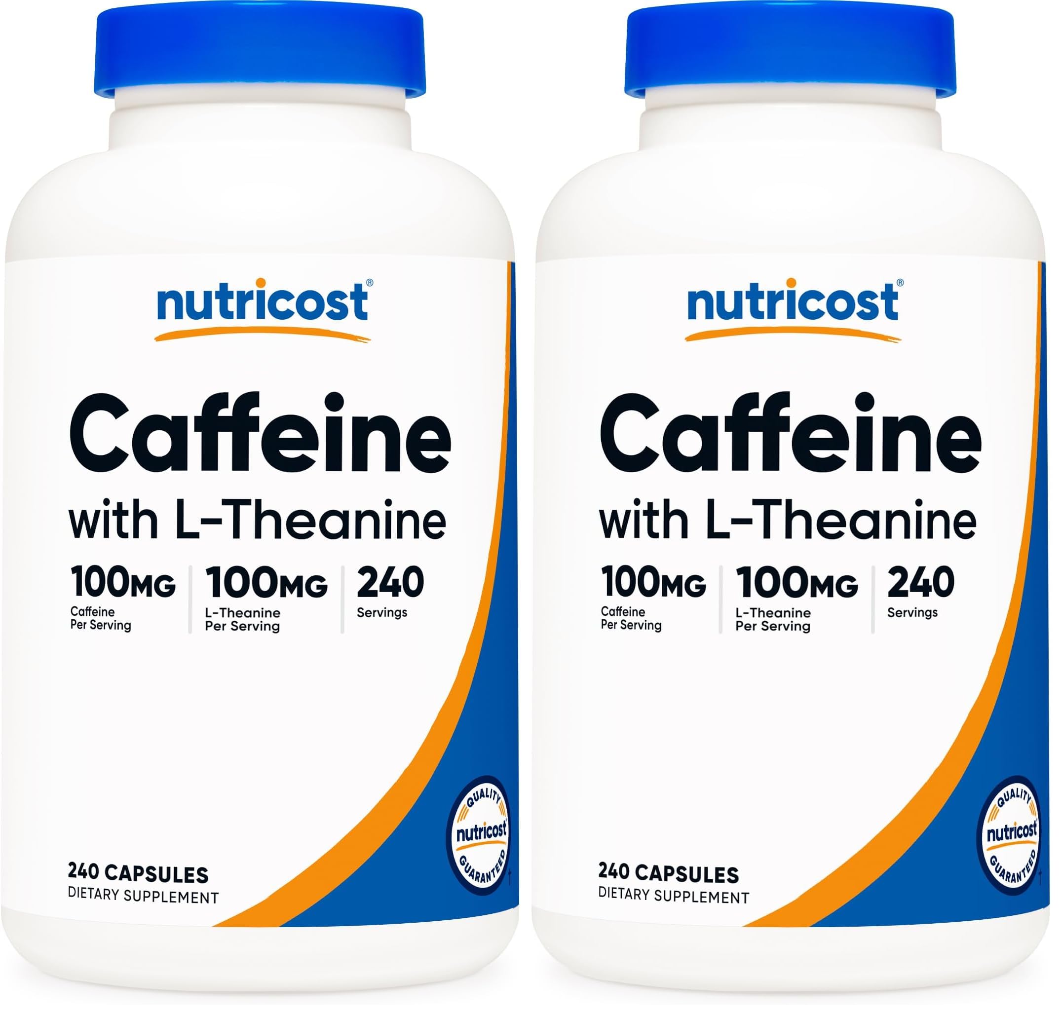 Nutricost Caffeine with L-Theanine bottle front supports balanced energy for daily tasks.