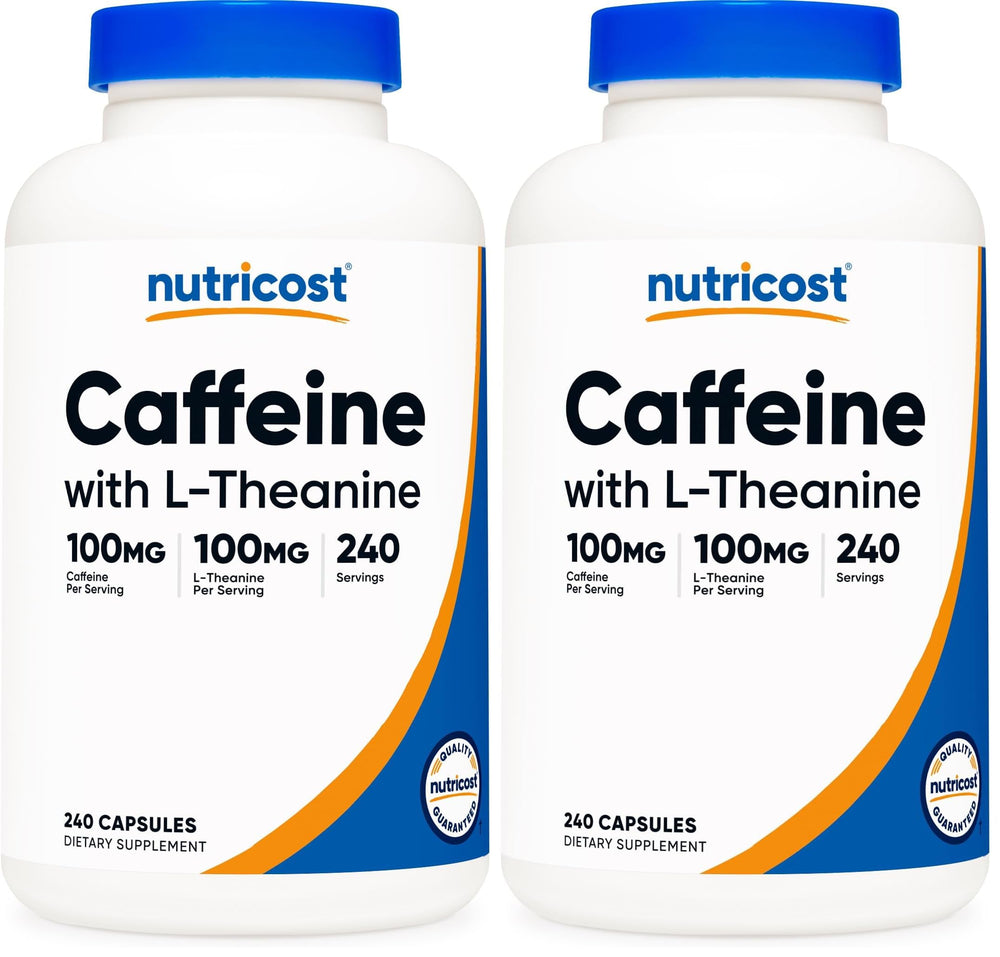 Nutricost Caffeine with L-Theanine bottle front supports balanced energy for daily tasks.