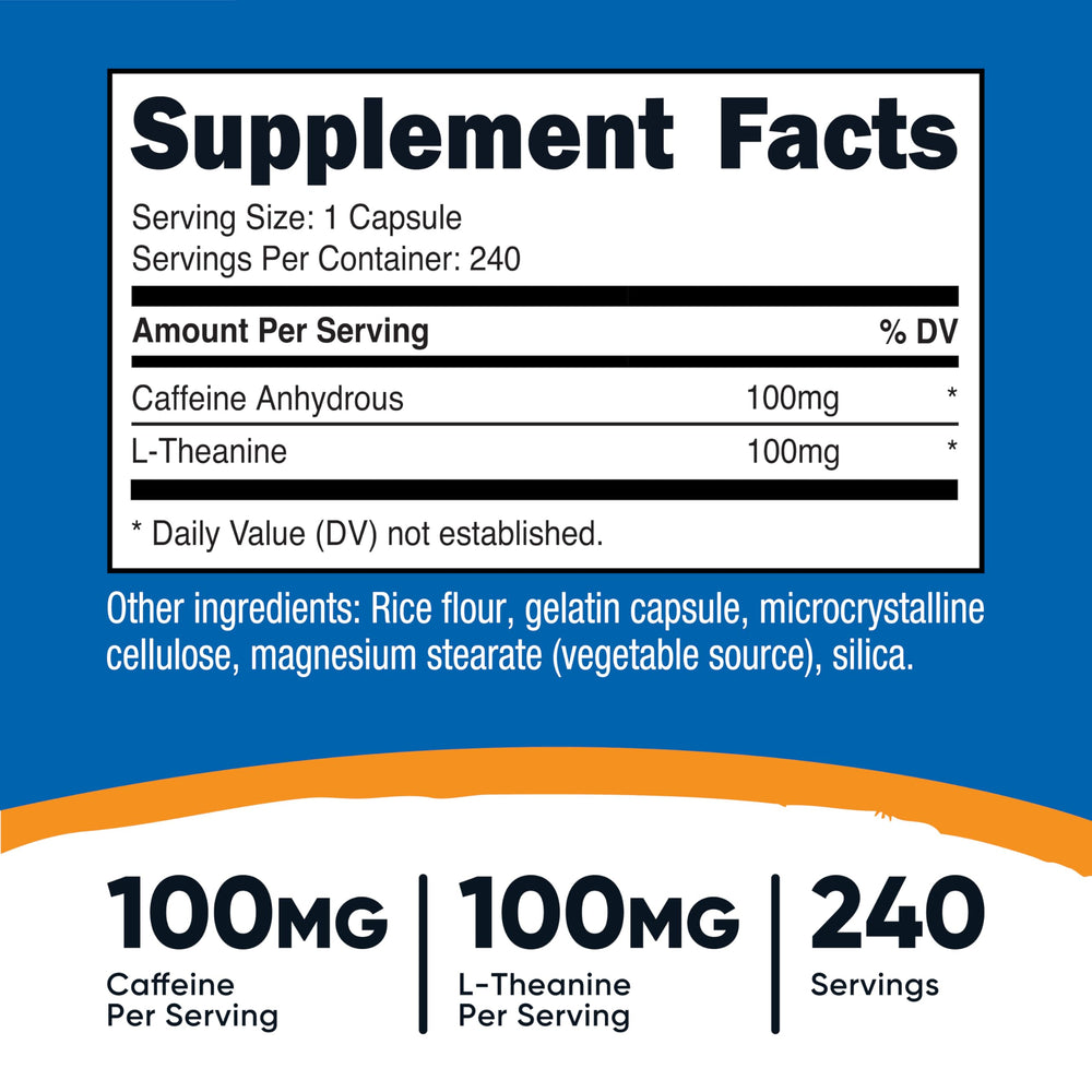 Nutricost Caffeine with L-Theanine capsules close-up for smooth focus.