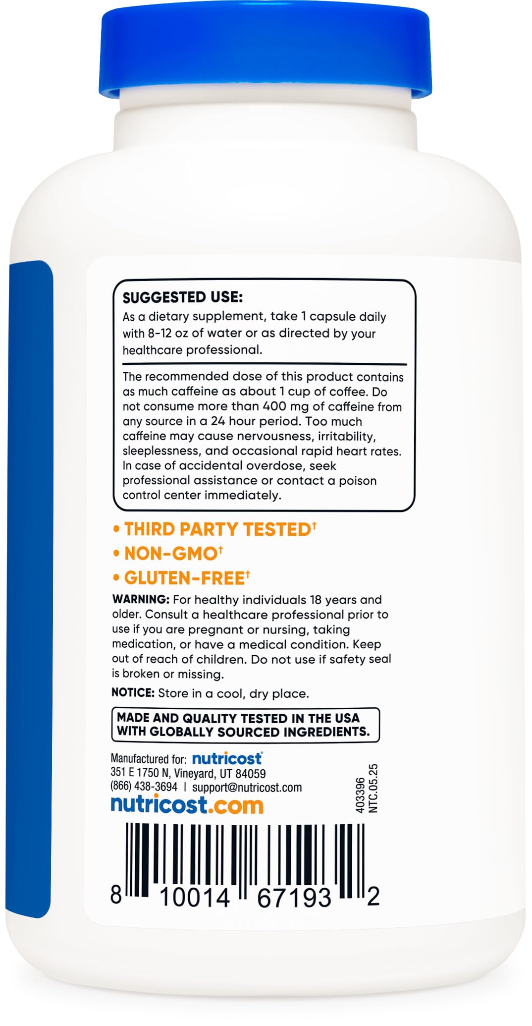 Nutricost Caffeine with L-Theanine on desk setup suggests study or work use.