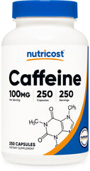 Nutricost caffeine pills 100 mg bottle for portable energy and focus.