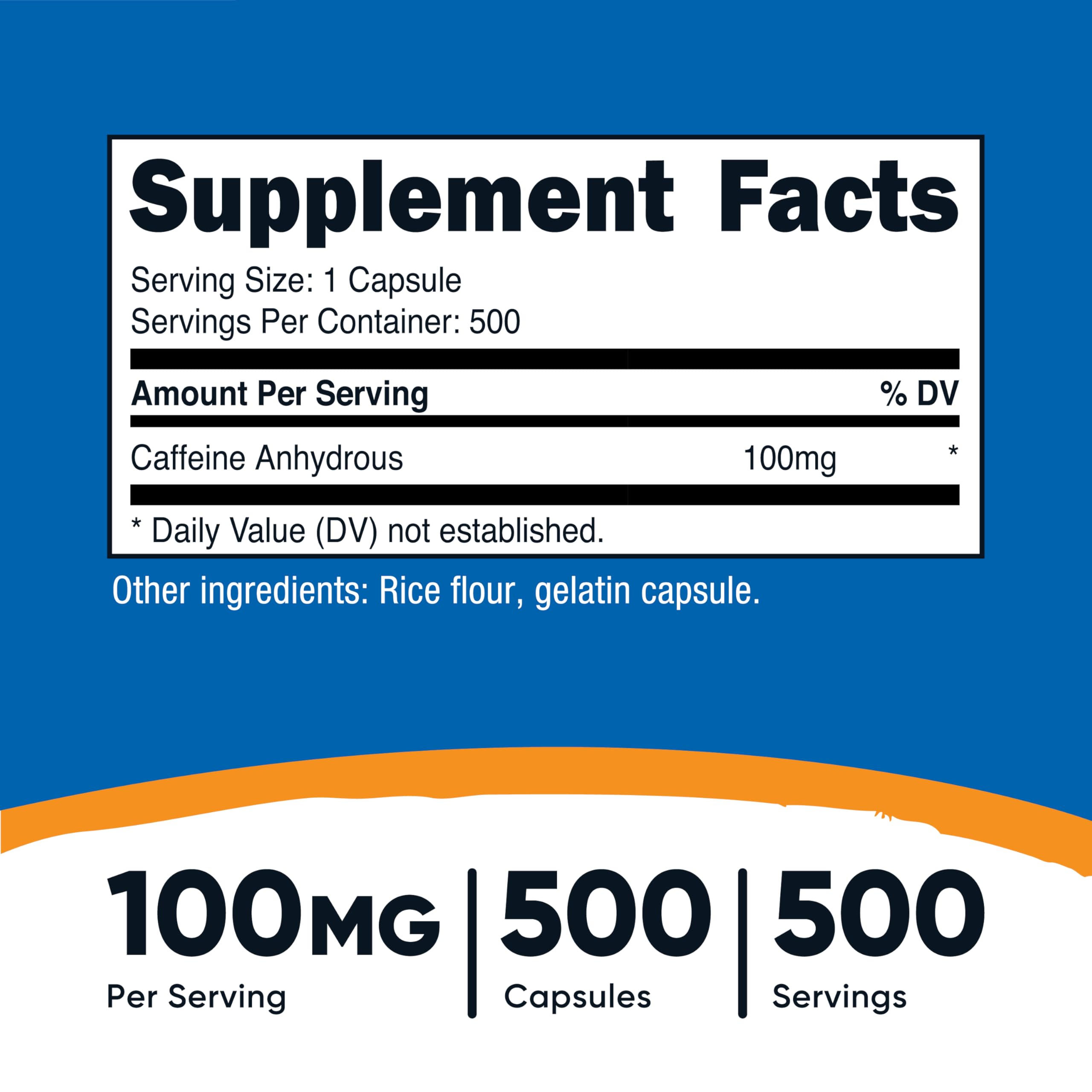 Nutricost caffeine pills 100mg close-up capsule shows 100 mg dose for energy
