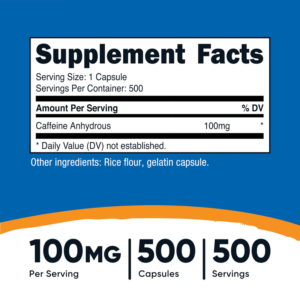 Nutricost caffeine pills 100mg close-up capsule shows 100 mg dose for energy