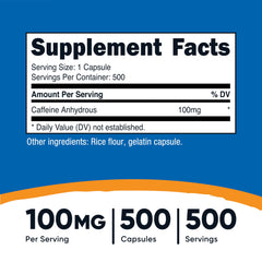 Nutricost caffeine pills 100mg close-up capsule shows 100 mg dose for energy