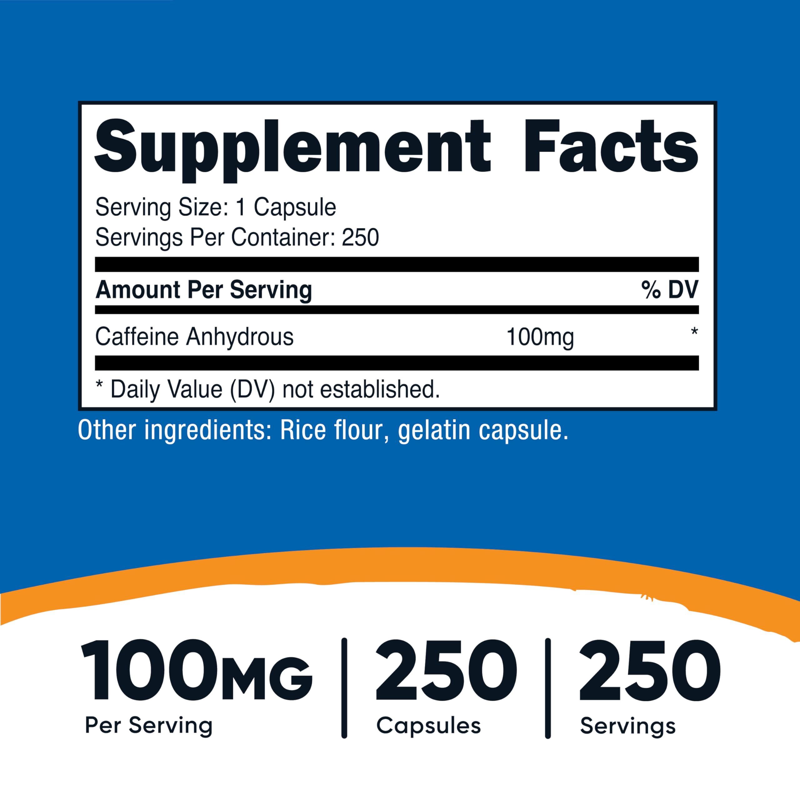 Nutricost caffeine pills label close-up highlighting dosage and quality standards.