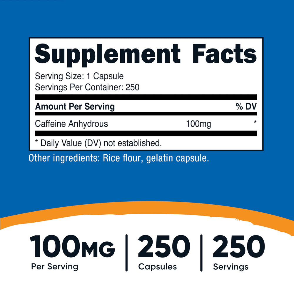 Nutricost caffeine pills label close-up highlighting dosage and quality standards.