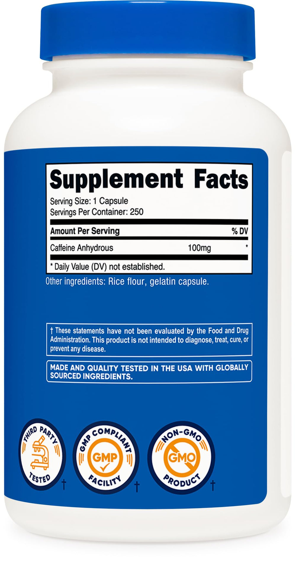 Nutricost caffeine pills bottle with daily routine setup promoting sustained alertness.