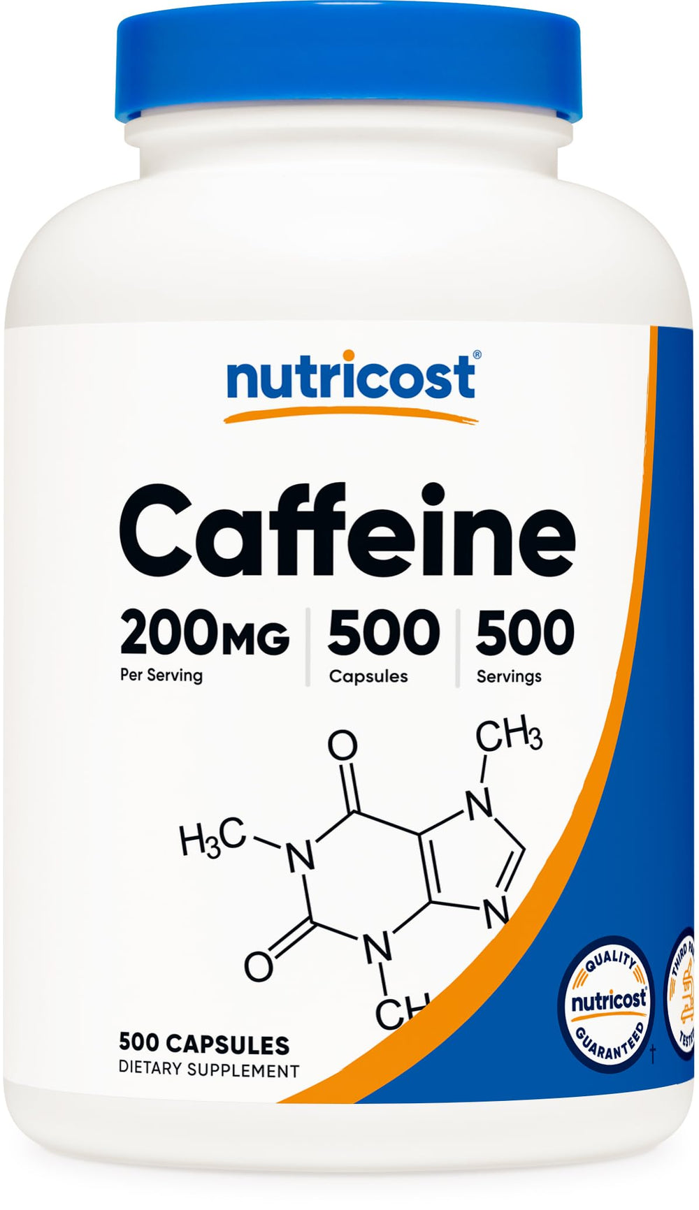 Nutricost caffeine pills 200mg bottle close-up for portable alertness