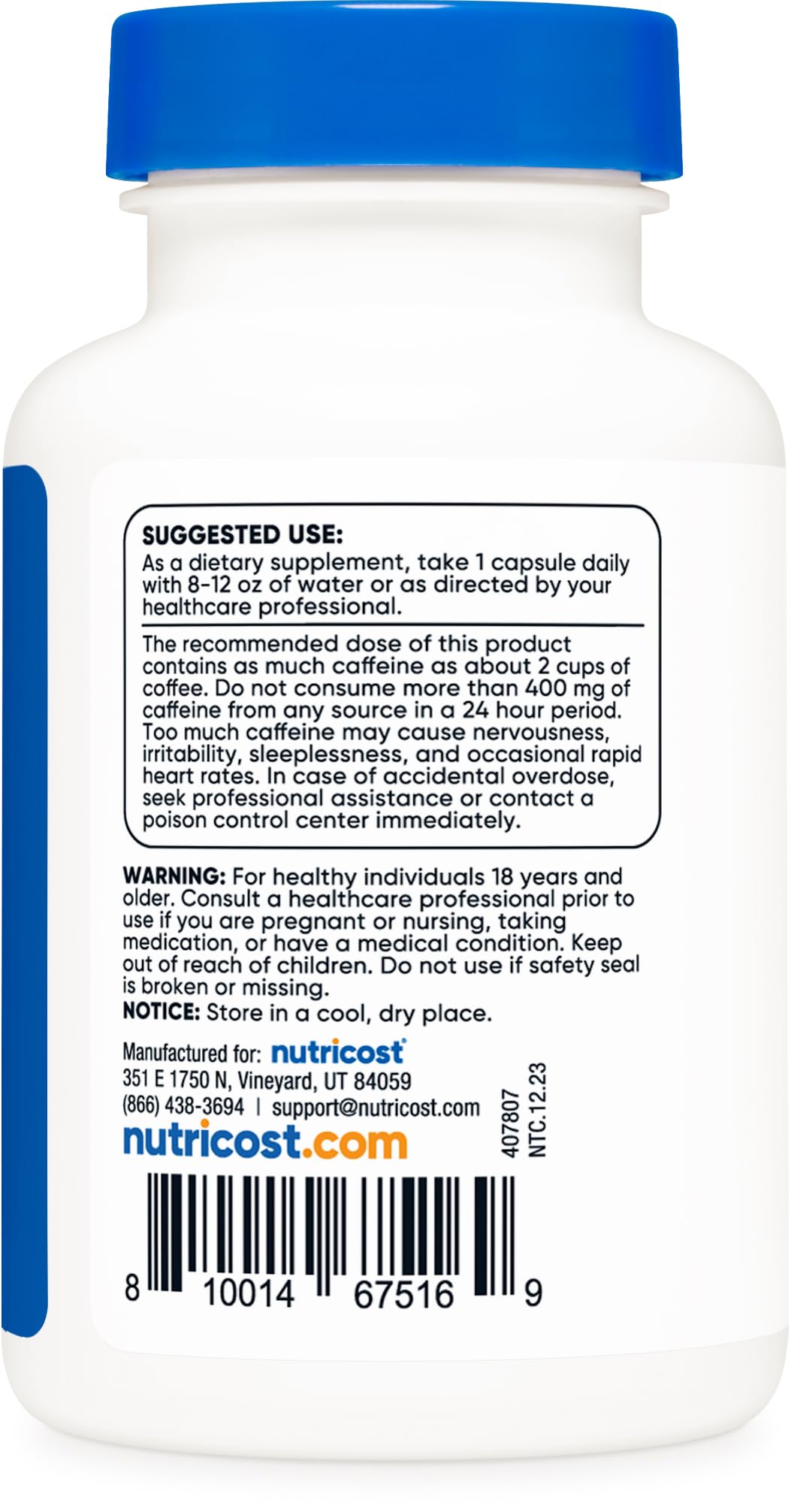 Nutricost caffeine pills 200mg serving shown for study and work sessions