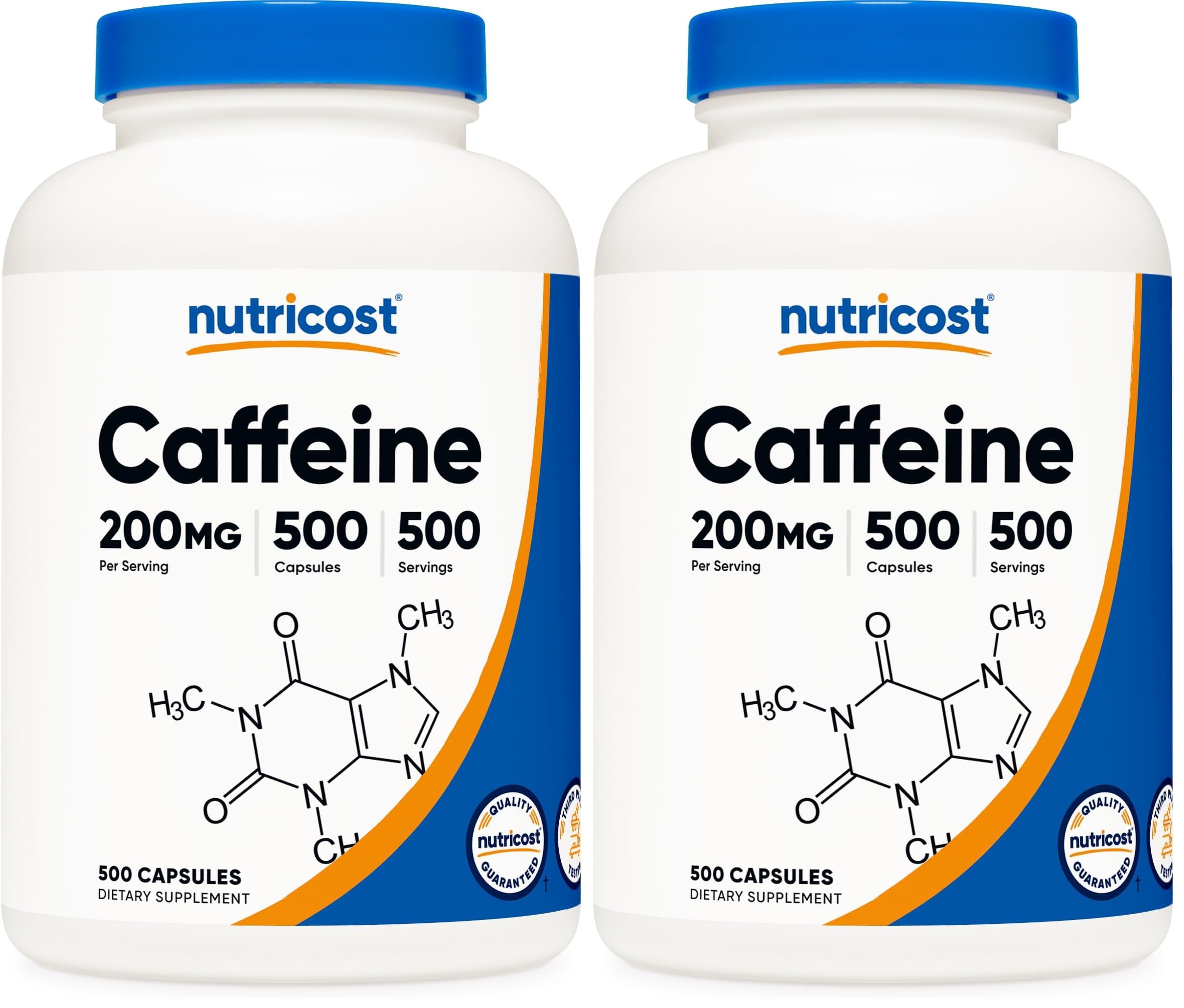 Nutricost Caffeine Pills bottle front view showing 200 mg capsules for quick daytime energy.