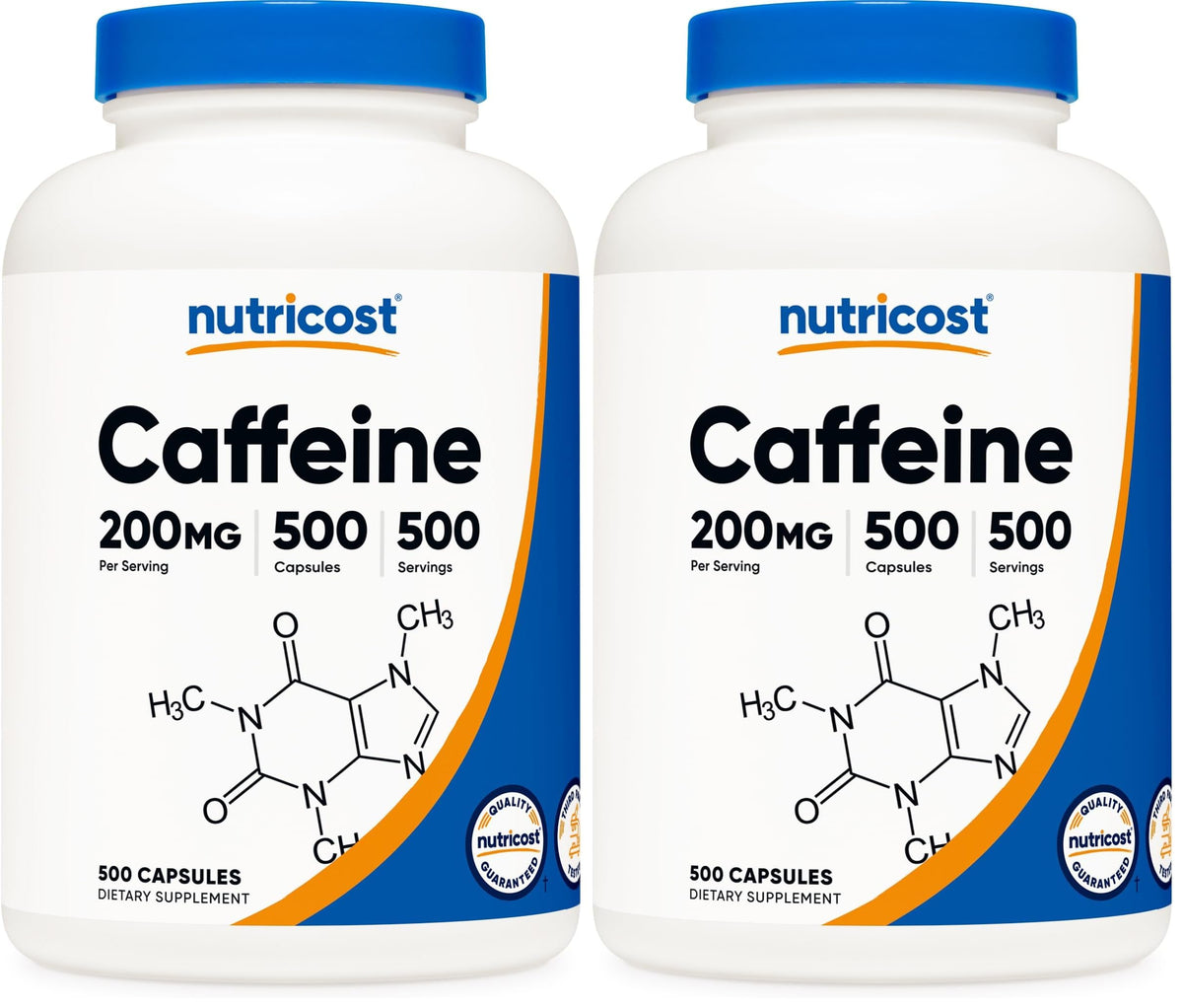 Nutricost Caffeine Pills bottle front view showing 200 mg capsules for quick daytime energy.